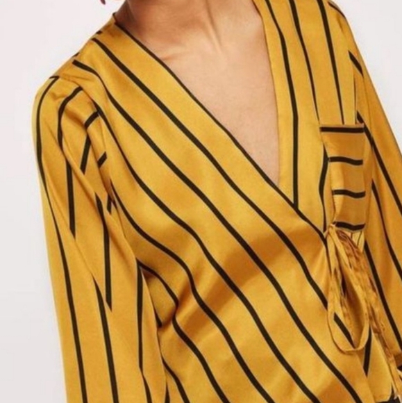 Topshop Gold & Black Stripe Cropped Wrap Blouse - Picture 2 of 3